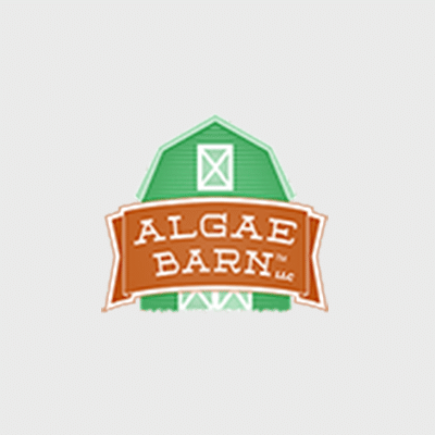 Logo featuring a green barn with white trim behind an orange banner that reads ALGAE BARN LLC in white letters, set against a light gray background.