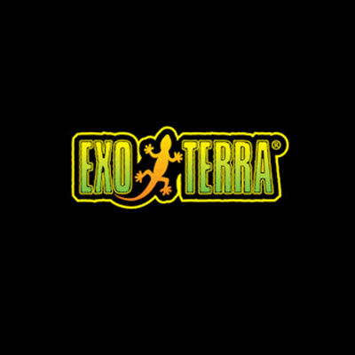 The Exo Terra logo features the words EXO TERRA in bold yellow-green text with a stylized yellow gecko silhouette positioned between the words, all set against a black background.
