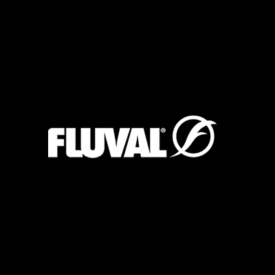 The image shows the FLUVAL logo in white on a black background, with the letter O stylized as a circle with a curved line crossing through it.
