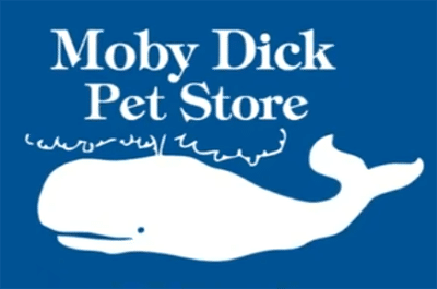 White silhouette of a whale with the text Moby Dick Pet Store above it, all on a blue background.