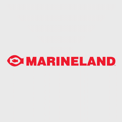 Red MARINELAND text in all caps. To the left, a fish-shaped icon with an eye formed by a white oval containing a smaller red fish. The design is set against a plain light gray background.