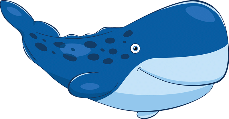 Cartoon illustration of a smiling blue whale with dark spots on its back and a light blue belly, set against a plain white background—perfect for anyone who appreciates whimsical animals, whether you love marine life or are searching for a fun addition to your next corn snake guide or snake care project.