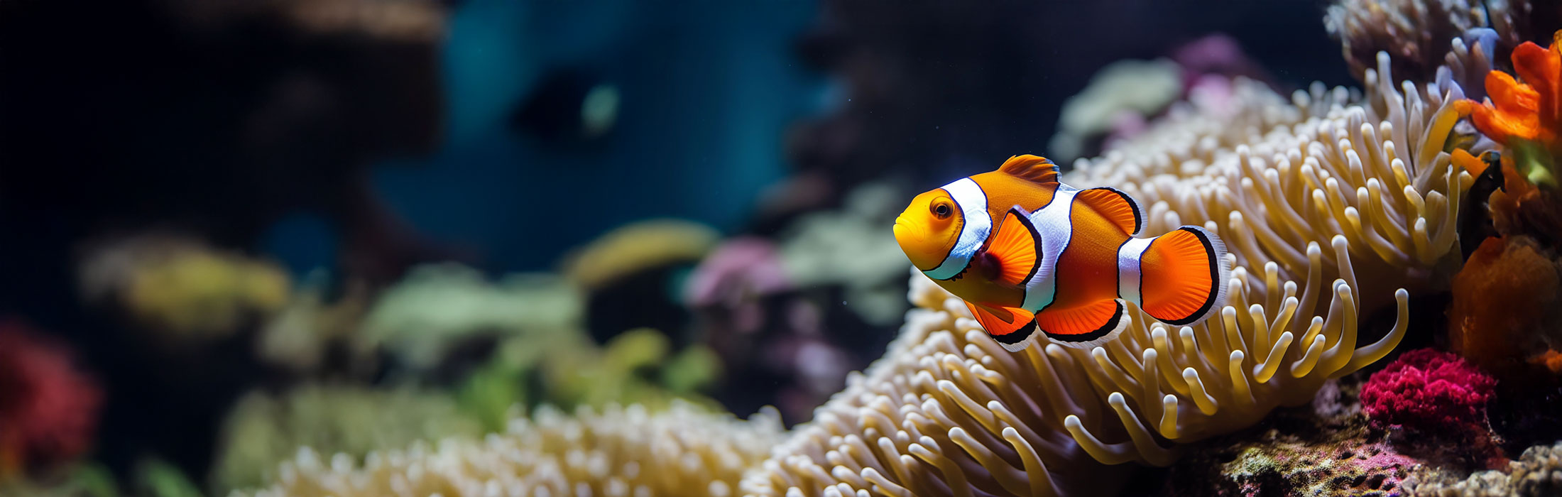A clownfish with orange, white, and black stripes swims near sea anemones in a colorful saltwater aquarium, making it a vibrant choice for pet fish enthusiasts.